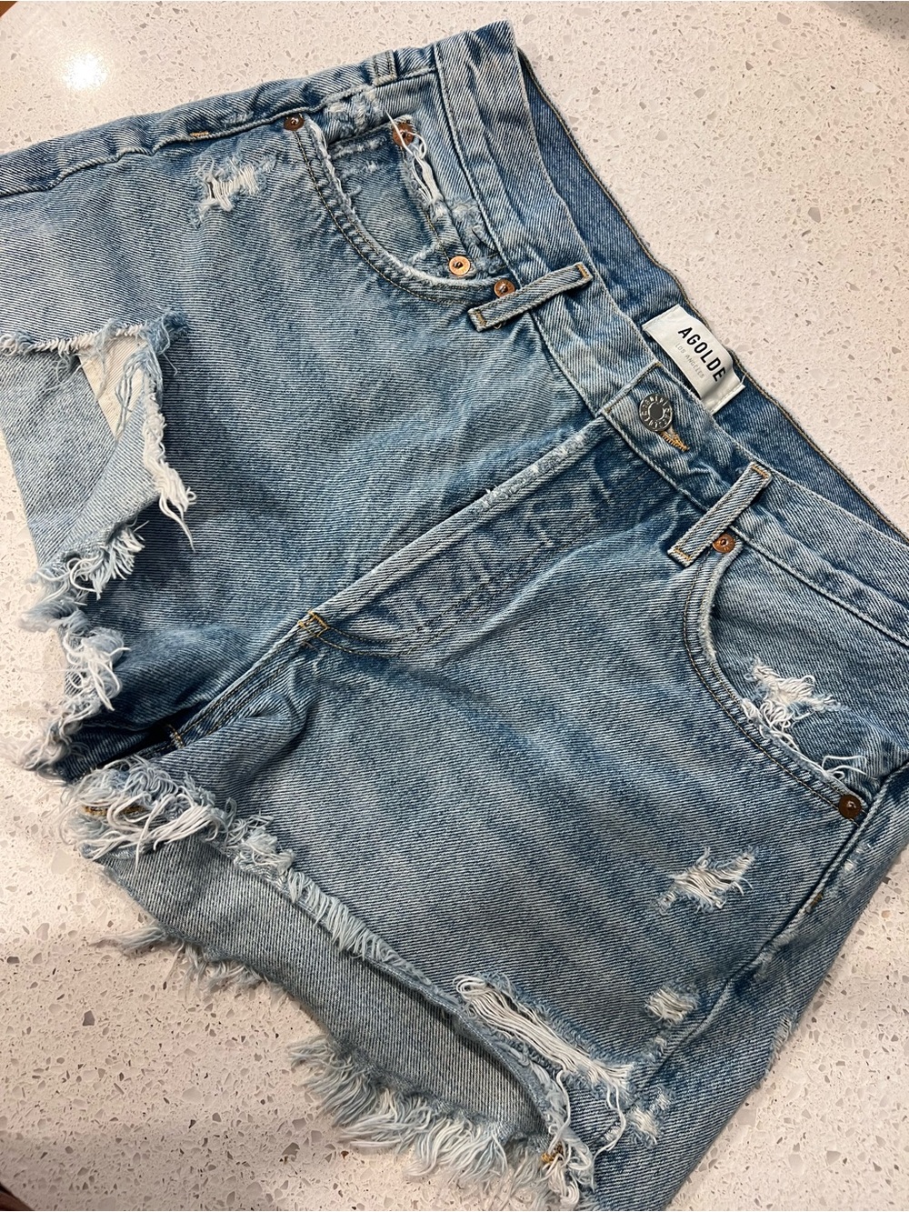 Agolde Light Blue Distressed Denim Shorts